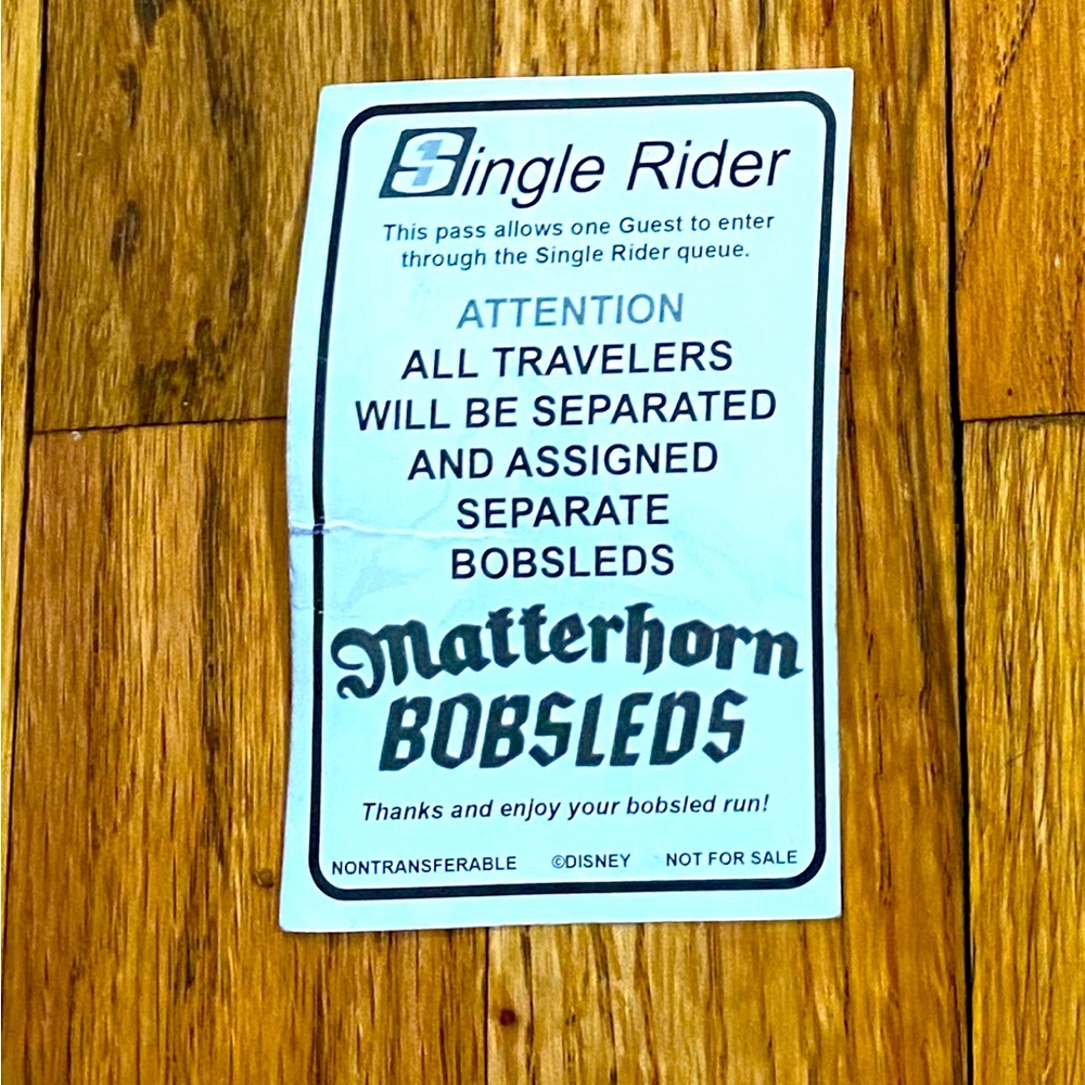 Disneyland Matterhorn Bobsleds - Single Rider Ticket English And Spanish
